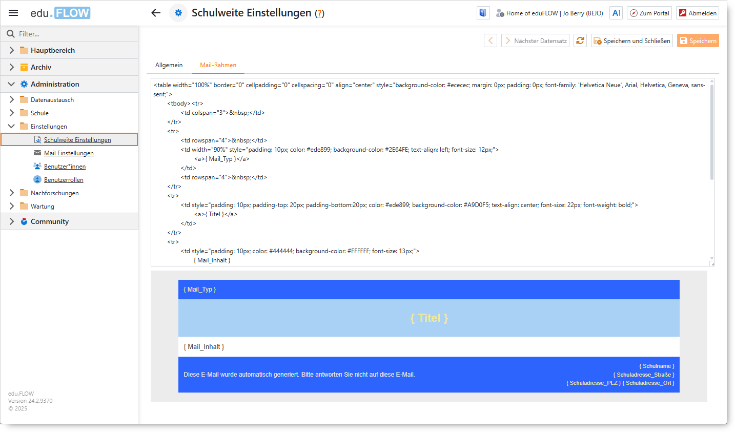 Mail-Rahmen in den Schuleinstellungen